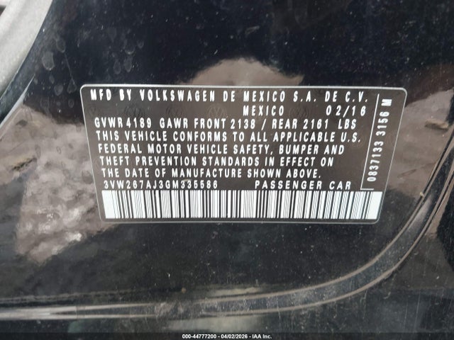 2016 Volkswagen Jetta 1.4t S მანქანა იყიდება აუქციონზე, vin: 3VW267AJ3GM335586, აუქციონის ნომერი: 44777200