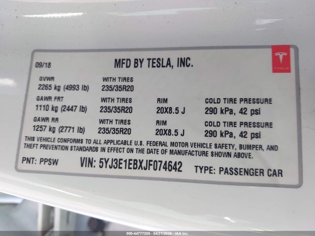 Продаж на аукціоні авто 2018 Tesla Model 3 Long Range/performance, vin: 5YJ3E1EBXJF074642, номер лоту: 44777205
