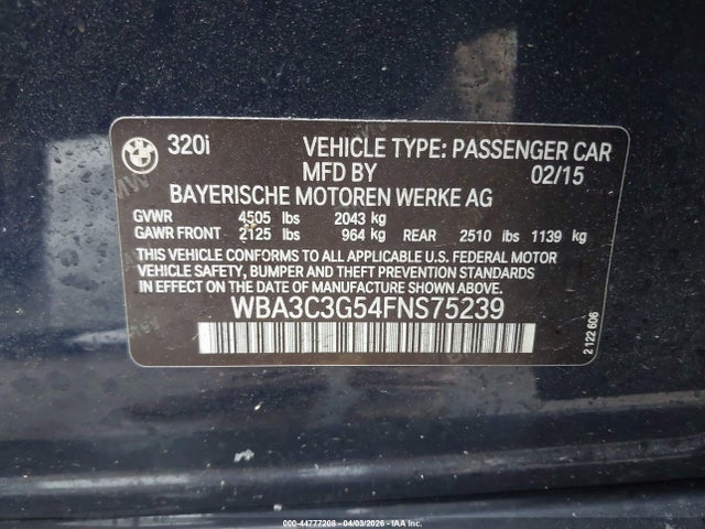 2015 Bmw 320i Xdrive მანქანა იყიდება აუქციონზე, vin: WBA3C3G54FNS75239, აუქციონის ნომერი: 44777208