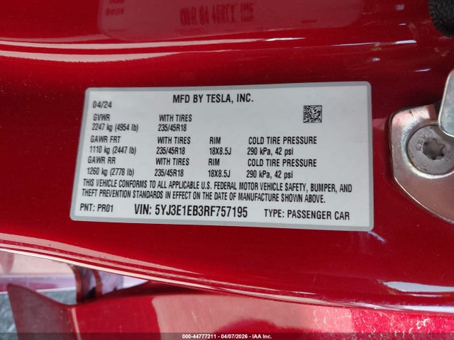 Aukcja sprzedaży 2024 Tesla Model 3 Long Range Dual Motor All-wheel Drive, vin: 5YJ3E1EB3RF757195, numer aukcji: 44777211