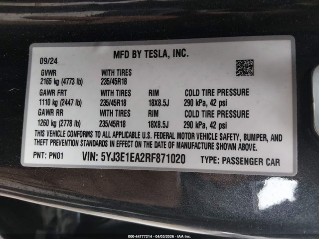 Aukcja sprzedaży 2024 Tesla Model 3 Long Range Dual Motor All-wheel Drive/rear-wheel Drive, vin: 5YJ3E1EA2RF871020, numer aukcji: 44777214