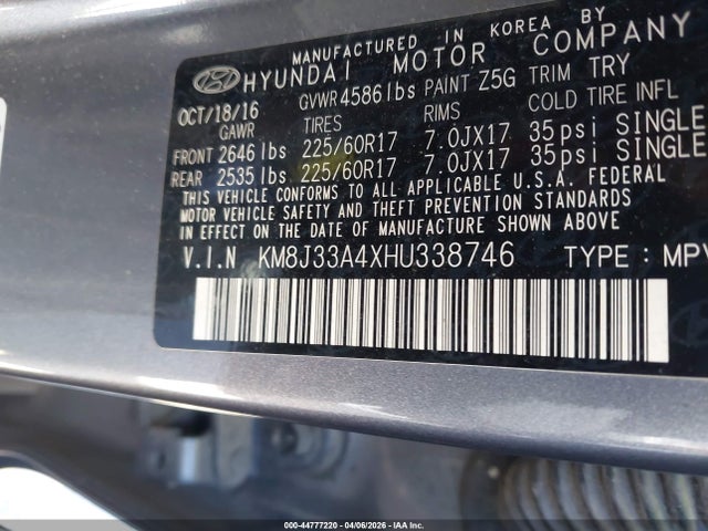 44777220 :رقم المزاد ، KM8J33A4XHU338746 vin ، 2017 Hyundai Tucson Se مزاد بيع