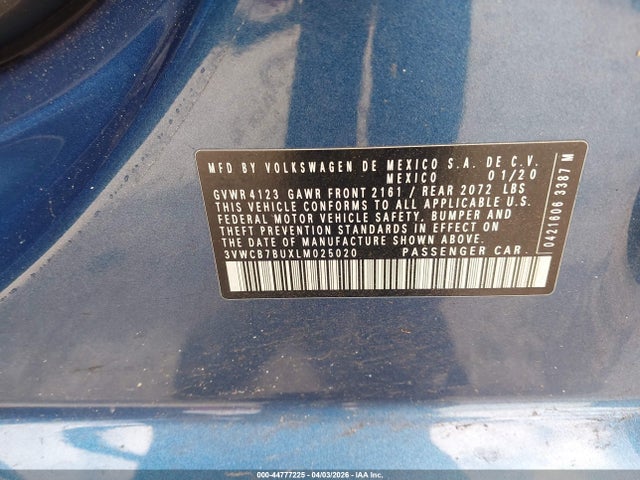 44777225 :رقم المزاد ، 3VWCB7BUXLM025020 vin ، 2020 Volkswagen Jetta 1.4t R-line/1.4t S/1.4t Se مزاد بيع