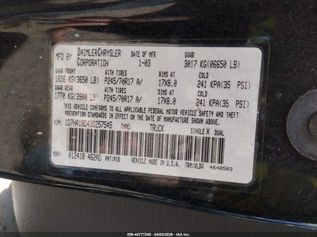 44777240 :رقم المزاد ، 1D7HA18D43S257545 vin ، 2003 Dodge Ram 1500 Slt/laramie/st مزاد بيع