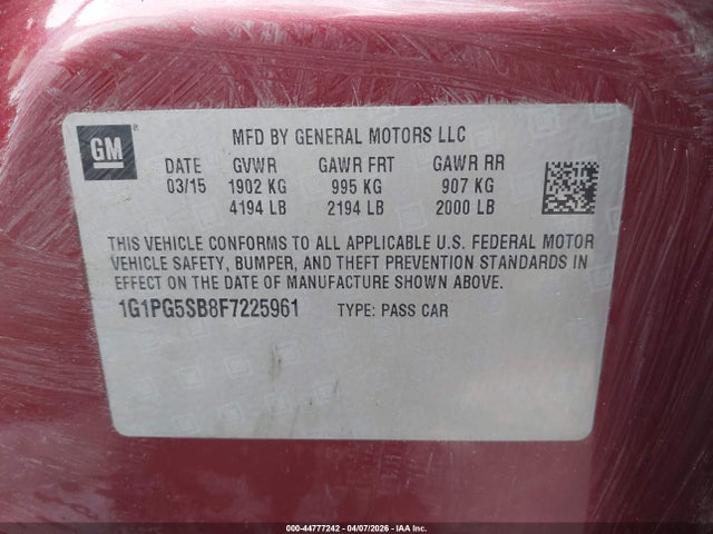 2015 Chevrolet Cruze Ltz მანქანა იყიდება აუქციონზე, vin: 1G1PG5SB8F7225961, აუქციონის ნომერი: 44777242