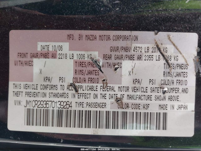 2007 Mazda Mazda5 Sport მანქანა იყიდება აუქციონზე, vin: JM1CR293670139264, აუქციონის ნომერი: 44777254