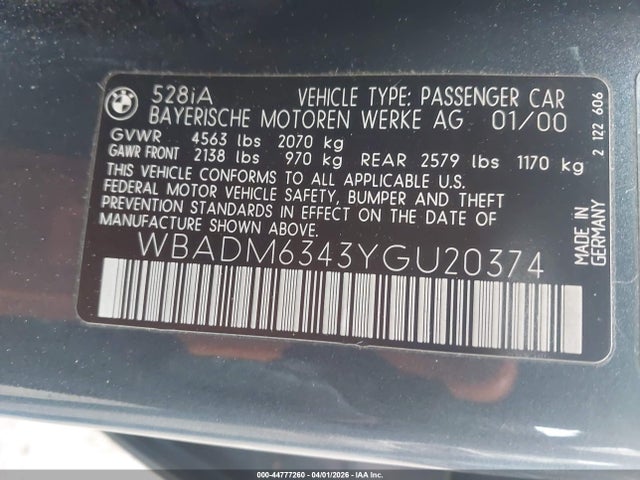 Продаж на аукціоні авто 2000 Bmw 528ia, vin: WBADM6343YGU20374, номер лоту: 44777260