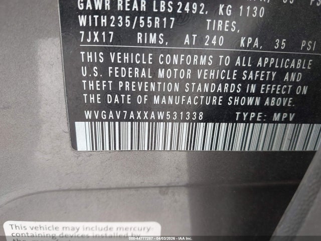 2010 Volkswagen Tiguan S მანქანა იყიდება აუქციონზე, vin: WVGAV7AXXAW531338, აუქციონის ნომერი: 44777287