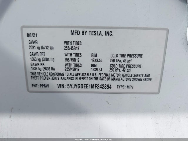 Aukcja sprzedaży 2021 Tesla Model Y Long Range Dual Motor All-wheel Drive, vin: 5YJYGDEE1MF242894, numer aukcji: 44777301