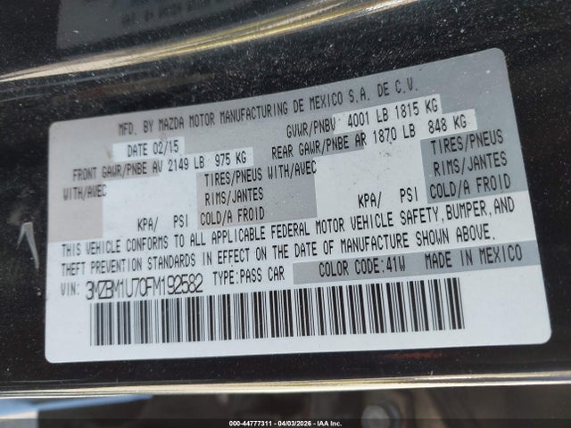 44777311 :رقم المزاد ، 3MZBM1U70FM192582 vin ، 2015 Mazda Mazda3 I Sport مزاد بيع