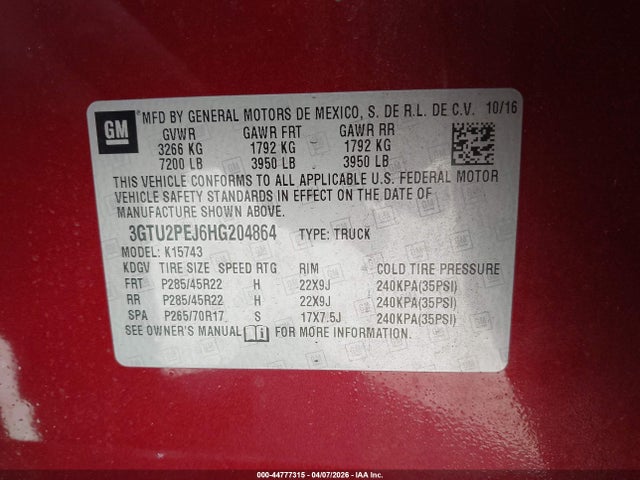 2017 Gmc Sierra 1500 Denali მანქანა იყიდება აუქციონზე, vin: 3GTU2PEJ6HG204864, აუქციონის ნომერი: 44777315
