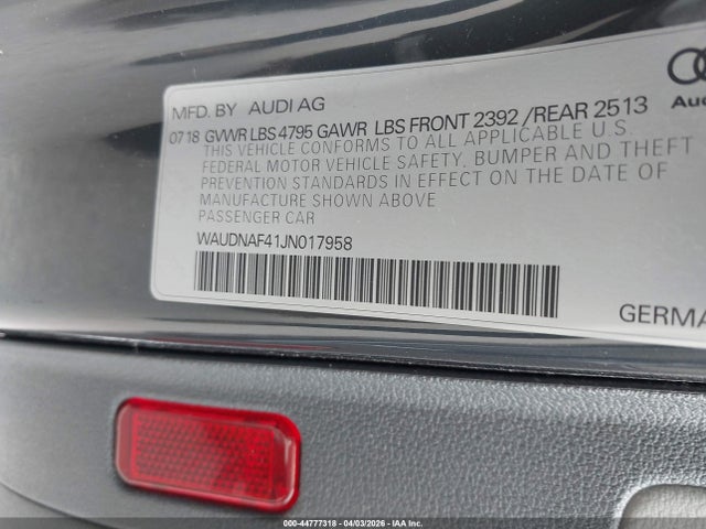 Продаж на аукціоні авто 2018 Audi A4 2.0t Premium/2.0t Tech Premium, vin: WAUDNAF41JN017958, номер лоту: 44777318