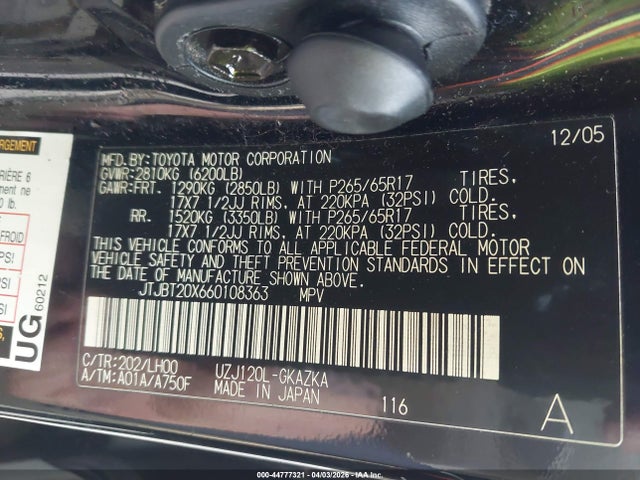 44777321 :رقم المزاد ، JTJBT20X660108363 vin ، 2006 Lexus Gx 470 مزاد بيع