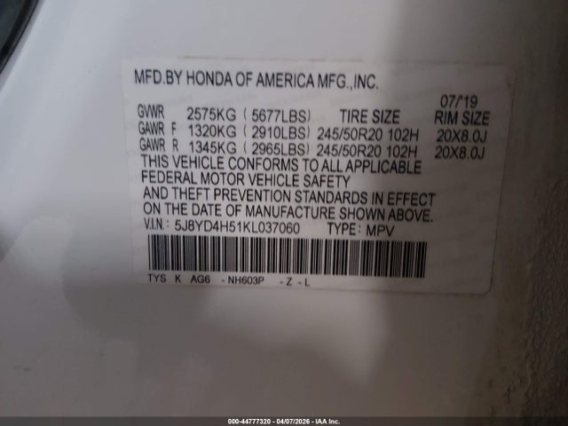 Продажа на аукционе авто 2019 Acura Mdx Tech Pkg, vin: 5J8YD4H51KL037060, номер лота: 44777320