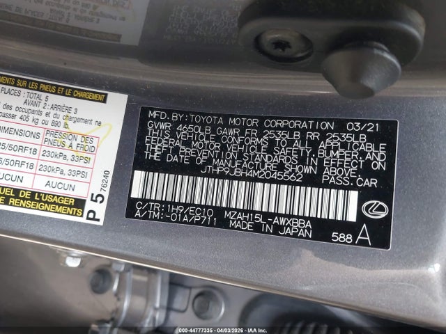 2021 Lexus Ux 250h მანქანა იყიდება აუქციონზე, vin: JTHP9JBH4M2045562, აუქციონის ნომერი: 44777335