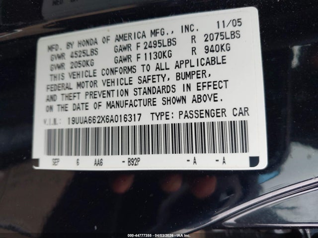 Продаж на аукціоні авто 2006 Acura Tl, vin: 19UUA662X6A016317, номер лоту: 44777355