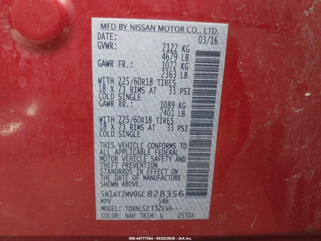 Продаж на аукціоні авто 2016 Nissan Rogue Sl, vin: 5N1AT2MV0GC828356, номер лоту: 44777364