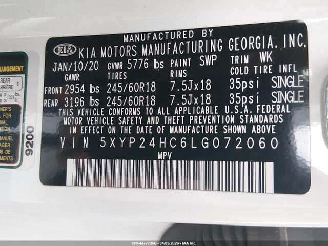 Aukcja sprzedaży 2020 Kia Telluride Lx, vin: 5XYP24HC6LG072060, numer aukcji: 44777366