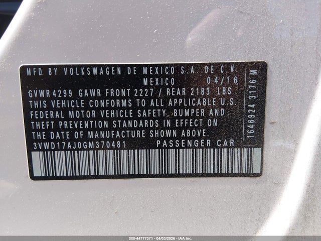 44777371 :رقم المزاد ، 3VWD17AJ0GM370481 vin ، 2016 Volkswagen Jetta 1.8t Sport مزاد بيع