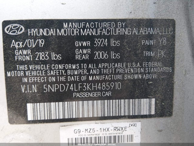 Aukcja sprzedaży 2019 Hyundai Elantra Se, vin: 5NPD74LF3KH485910, numer aukcji: 44777372