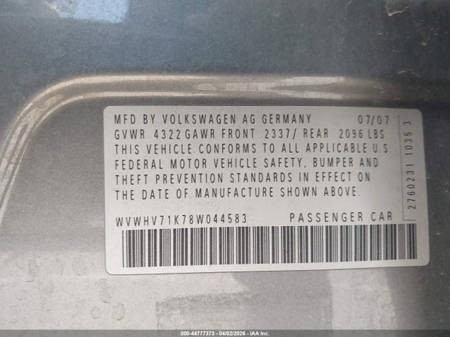 44777373 :رقم المزاد ، WVWHV71K78W044583 vin ، 2008 Volkswagen Gti 4-door مزاد بيع
