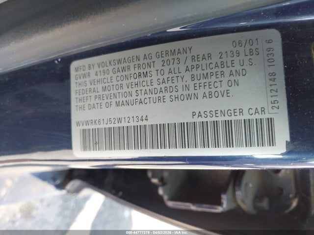 Aukcja sprzedaży 2002 Volkswagen Jetta Gl, vin: WVWRK61J52W121344, numer aukcji: 44777378