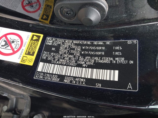 5TDJKRFH9FS136827 Toyota Highlander Xle V6