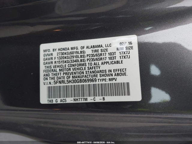 5FNRL5H30GB069969 Honda ODYSSEY SE