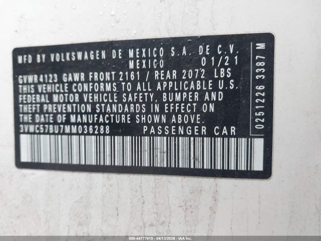 Aukcja sprzedaży 2021 Volkswagen Jetta 1.4t R-line/1.4t S/1.4t Se, vin: 3VWC57BU7MM036288, numer aukcji: 44777415