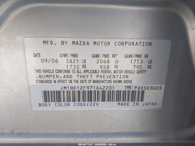 44777421 :رقم المزاد ، JM1BK12F971642201 vin ، 2007 Mazda Mazda3 I Sport مزاد بيع