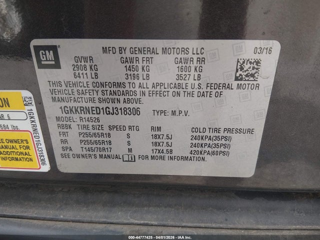 Продажа на аукционе авто 2016 Gmc Acadia Sle-1, vin: 1GKKRNED1GJ318306, номер лота: 44777425