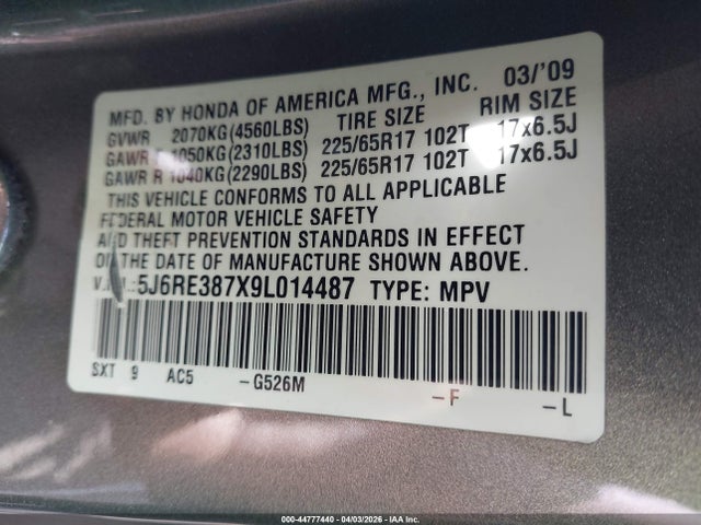 44777440 :رقم المزاد ، 5J6RE387X9L014487 vin ، 2009 Honda Cr-v Ex-l مزاد بيع