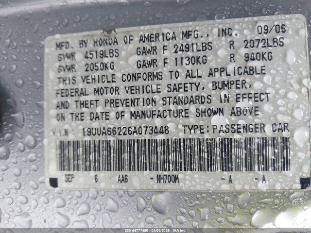 Aukcja sprzedaży 2006 Acura Tl, vin: 19UUA66226A073448, numer aukcji: 44777450
