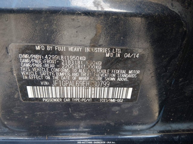 44777466 :رقم المزاد ، JF1GPAL69EH290799 vin ، 2014 Subaru Impreza 2.0i Sport Premium مزاد بيع