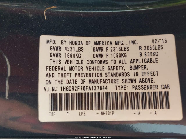 Honda ACCORD EX 2015 1HGCR2F76FA127844 Image 9
