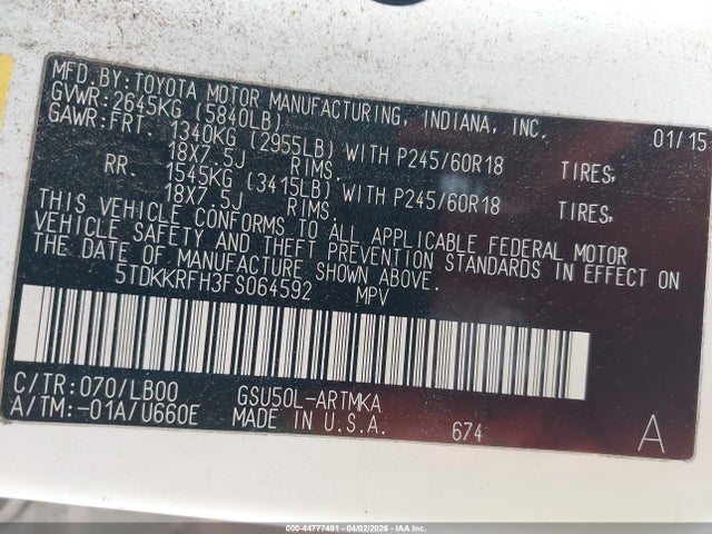 Toyota Highlander Xle V6 2015 5TDKKRFH3FS064592 Image 9