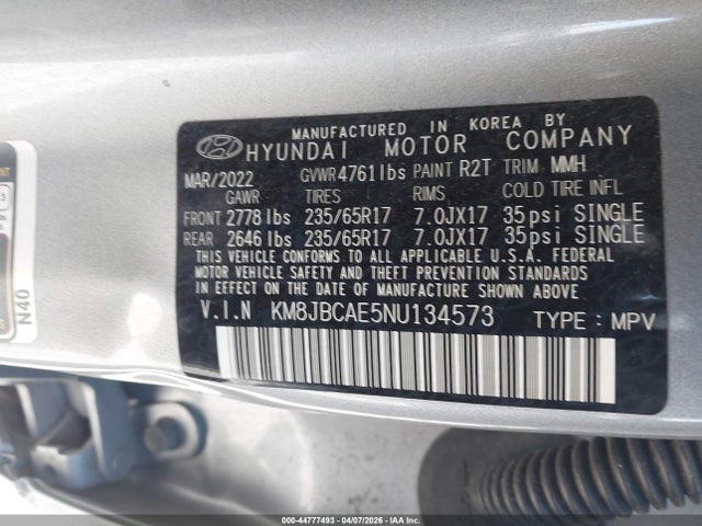 44777493 :رقم المزاد ، KM8JBCAE5NU134573 vin ، 2022 Hyundai Tucson Sel مزاد بيع