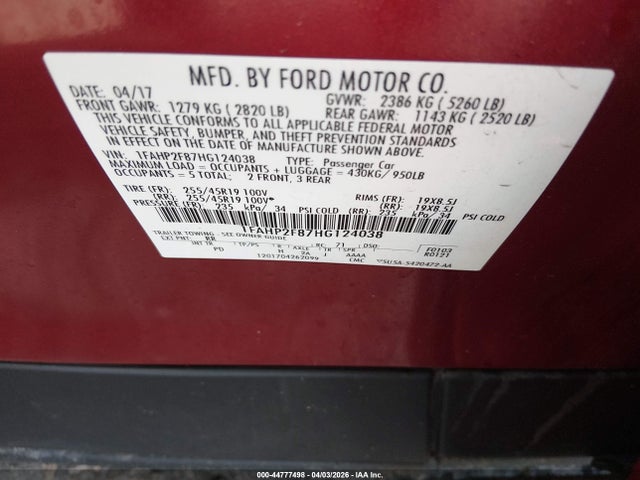 44777498 :رقم المزاد ، 1FAHP2F87HG124038 vin ، 2017 Ford Taurus Limited مزاد بيع