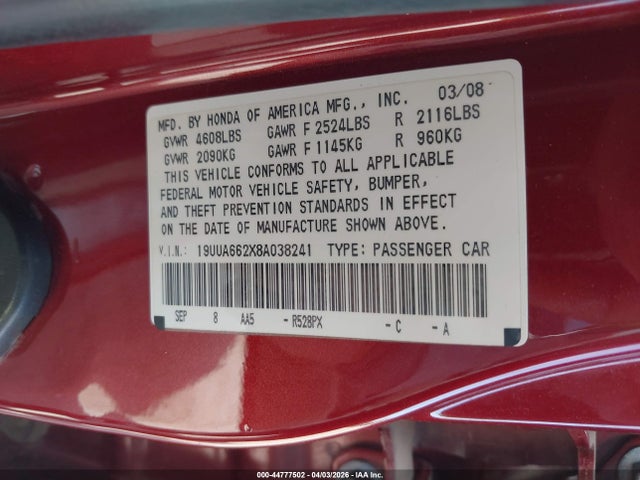 Продаж на аукціоні авто 2008 Acura Tl 3.2, vin: 19UUA662X8A038241, номер лоту: 44777502