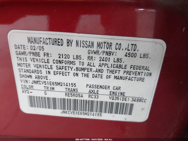 Aukcja sprzedaży 2005 Infiniti G35, vin: JNKCV51E65M214155, numer aukcji: 44777506