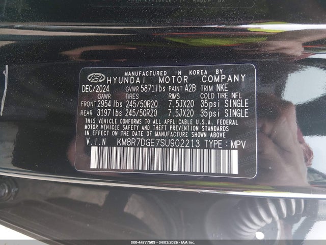2025 Hyundai Palisade Calligraphy Night Edition მანქანა იყიდება აუქციონზე, vin: KM8R7DGE7SU902213, აუქციონის ნომერი: 44777509