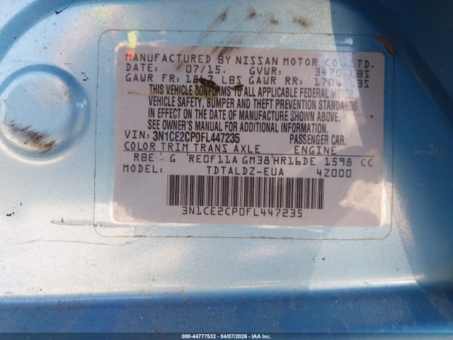 44777532 :رقم المزاد ، 3N1CE2CP0FL447235 vin ، 2015 Nissan Versa Note Sv مزاد بيع