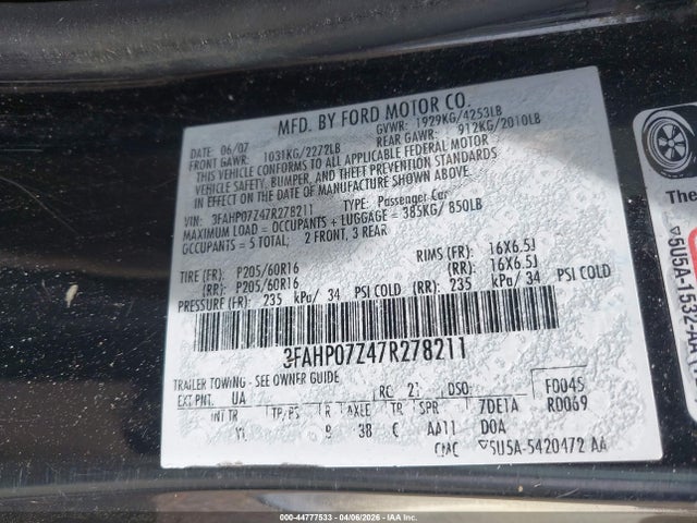 Aukcja sprzedaży 2007 Ford Fusion Se, vin: 3FAHP07Z47R278211, numer aukcji: 44777533