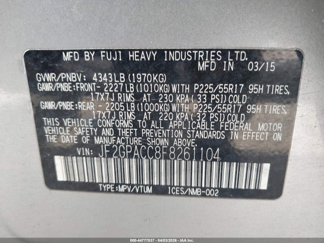 44777537 :رقم المزاد ، JF2GPACC8F8261104 vin ، 2015 Subaru Xv Crosstrek 2.0i Premium مزاد بيع