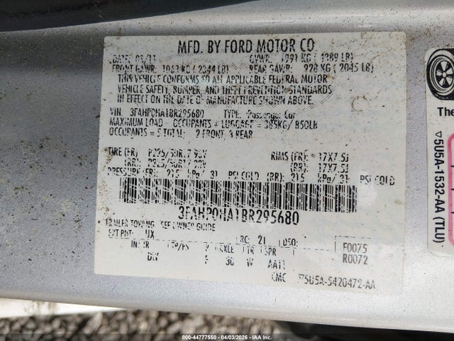 44777550 :رقم المزاد ، 3FAHP0HA1BR295680 vin ، 2011 Ford Fusion Se مزاد بيع