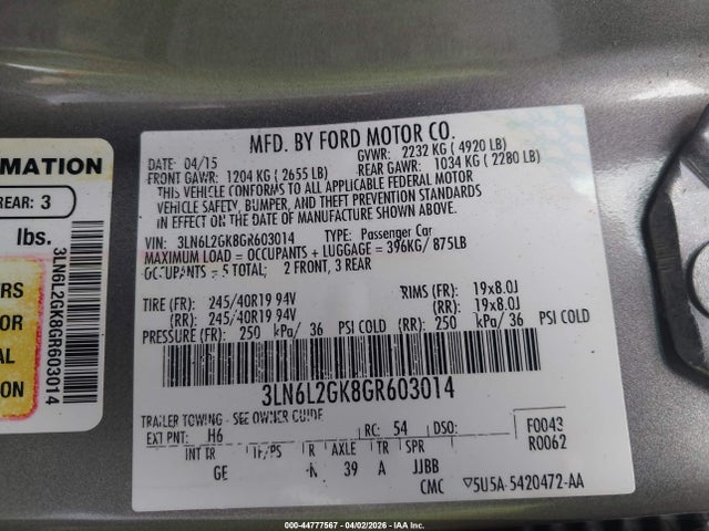 3LN6L2GK8GR603014 Lincoln MKZ