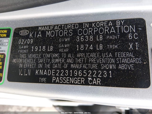 44777581 :رقم المزاد ، KNADE223196522231 vin ، 2009 Kia Rio Lx مزاد بيع