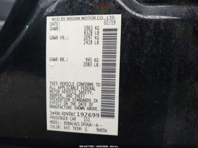 44777601 :رقم المزاد ، 1N4BL4DV0KC192699 vin ، 2019 Nissan Altima 2.5 Sv مزاد بيع