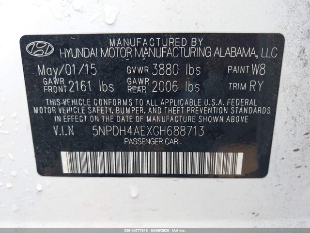 Aukcja sprzedaży 2016 Hyundai Elantra Limited, vin: 5NPDH4AEXGH688713, numer aukcji: 44777615
