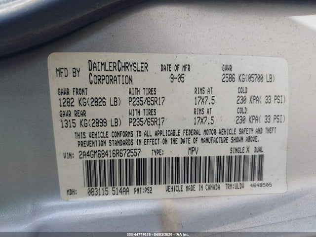 Продаж на аукціоні авто 2006 Chrysler Pacifica Touring, vin: 2A4GM68416R672557, номер лоту: 44777616